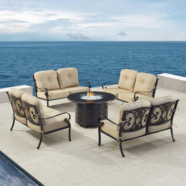 Oakland Living Black Aluminum Fire Table Set with 4-Deep Seating Loveseats