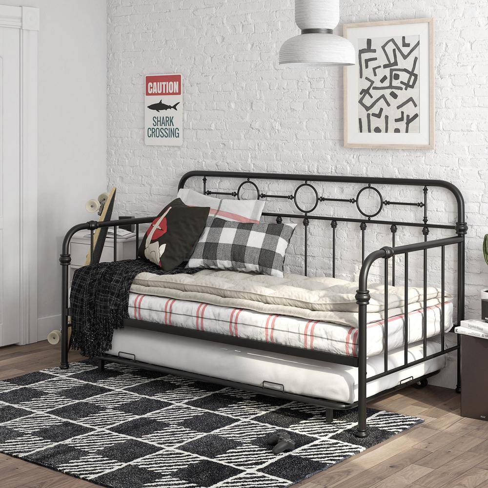 Twin Black Metal Daybed with Trundle and Drawer