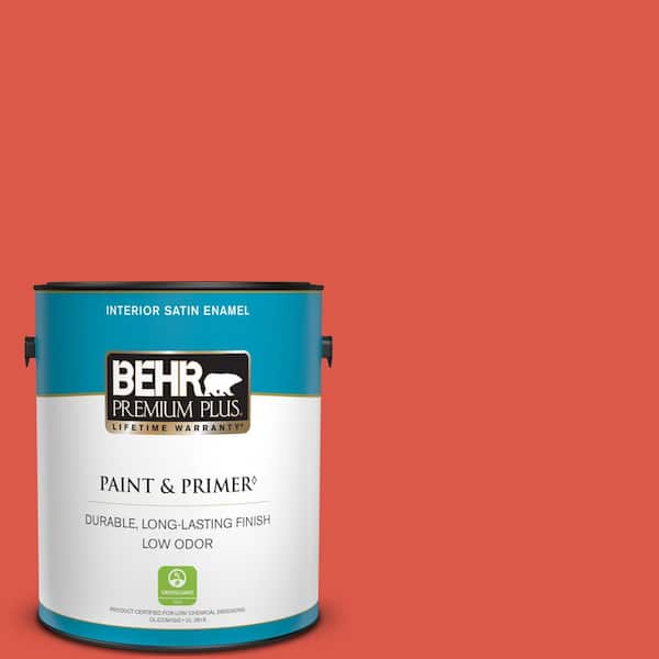 BEHR PREMIUM PLUS 1 gal. #180B-6 Fiery Red Satin Enamel Low Odor Interior Paint & Primer