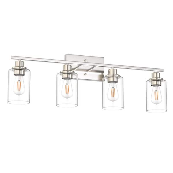 32 in. 4-Light Brushed Nickel Industrial Bathroom Vanity Light with Clear Glass Shades