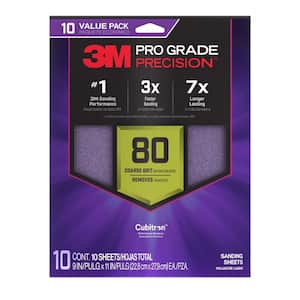 Pro Grade Precision 9 in. x 11 in. 80 Grit Faster Sanding Sheets with No-Slip Grip Backing (10-Pack)