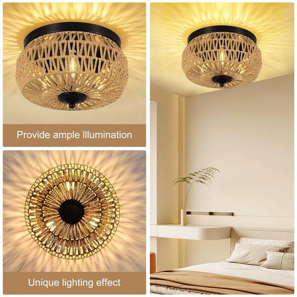 その他 Shiro3 Jushua 12.6 in. W 3-Light Brown Woven Rattan Flush Mount Ceiling