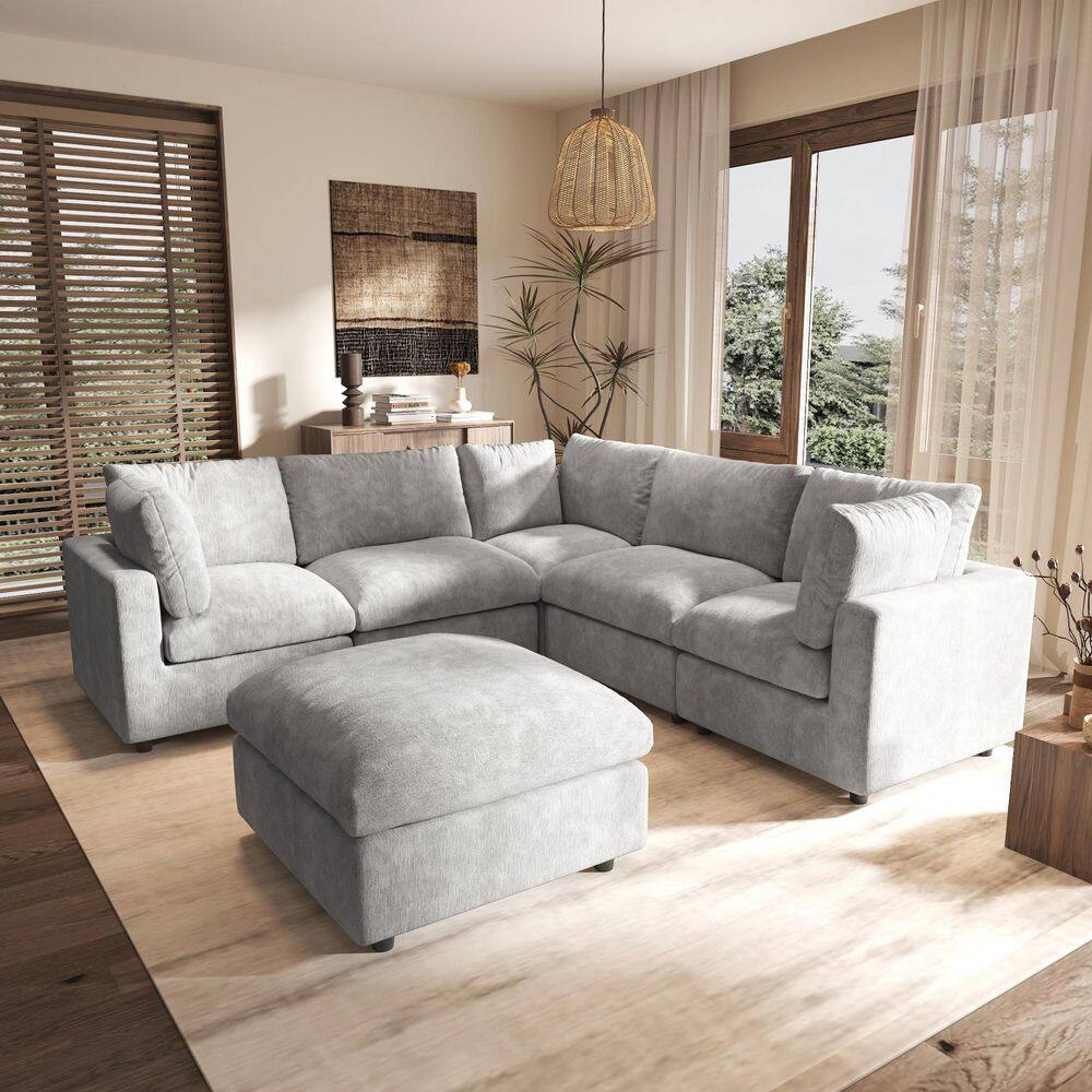 100.5 in. Square Arm Chenille L-Shaped Sectional Sofa with Ottoman For Living Room Couch in. Gray