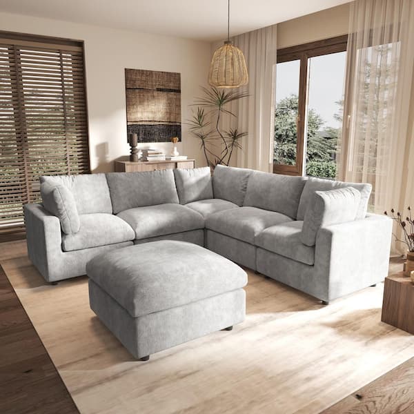 100.5 in. Square Arm Chenille L-Shaped Sectional Sofa with Ottoman For Living Room Couch in. Gray