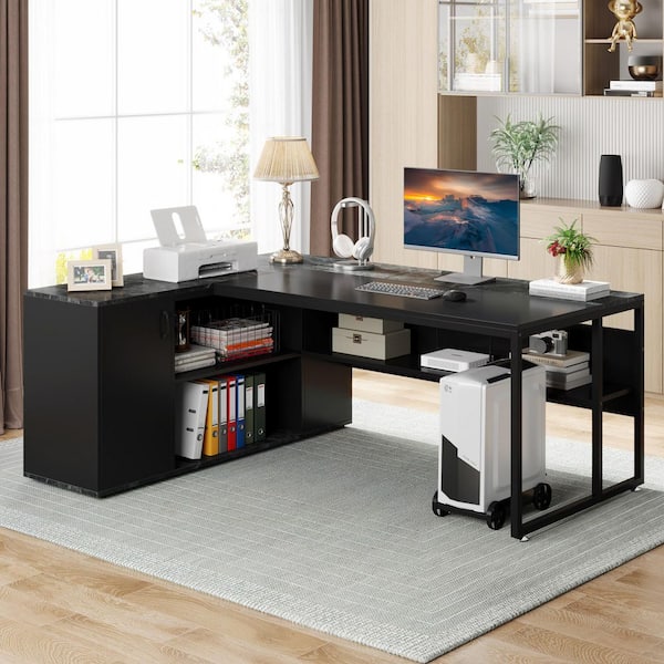 Lanita 71 in. L Shaped Modern Black Engineered Wood Executive Office Desk Large Computer Desk with Storage, Doors