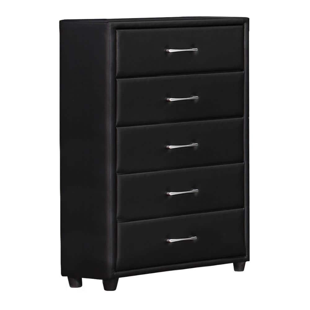 Transitional Black Faux Leather 5-Drawer Chest with Silver Pulls