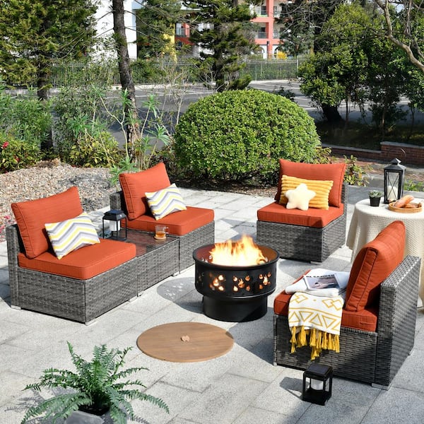 Toject Sanibel Gray 6-Piece Wicker Outdoor Patio Conversation Sofa Set with a Wood-Burning Fire Pit and Orange Red Cushions
