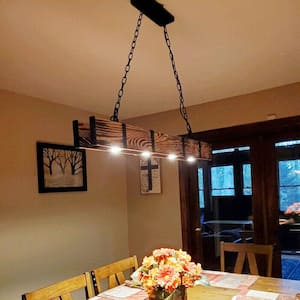 4-Light Wooden Kitchen Island Pendant Light, Modern Linear Chandelier LED Ceiling Light for Kitchen Dining Room Bar