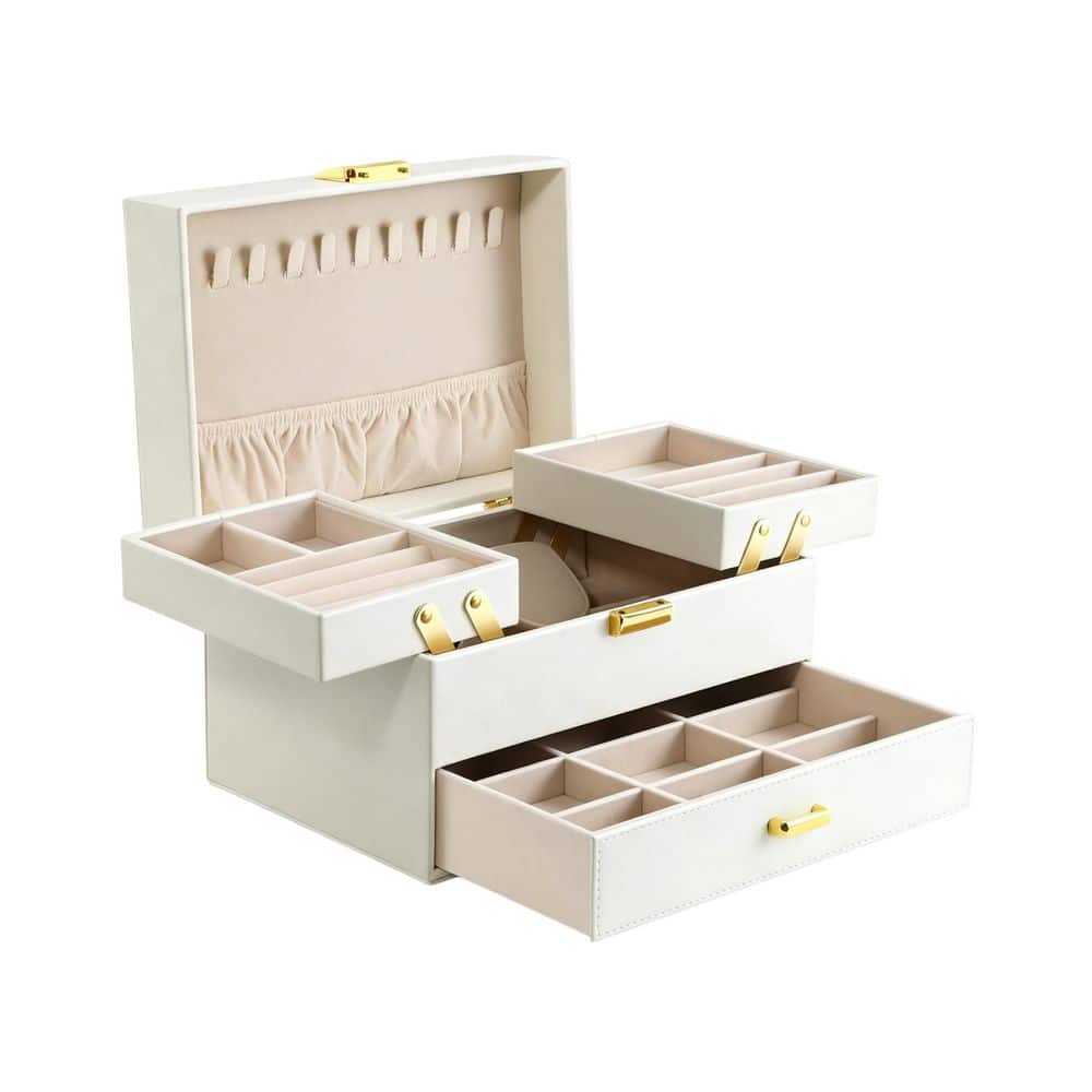 White 9.1 in. x 5.7 in. 3-Tier Leather Jewelry Organizer with Drawer and Removable Metal Stand price history on PriceWatchPro