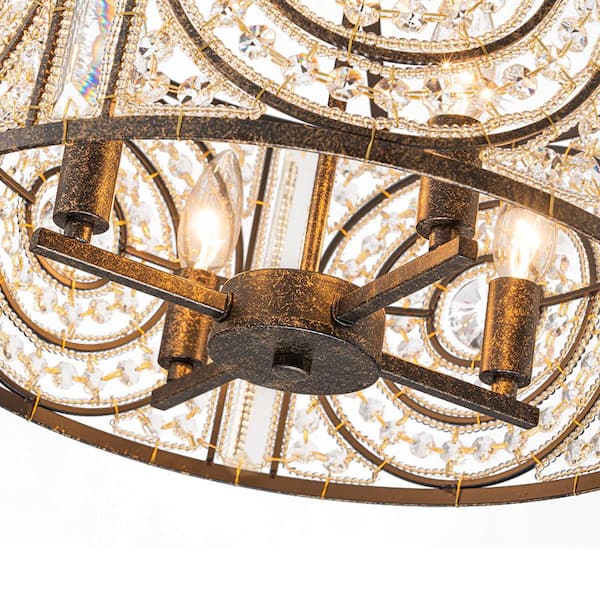 HUOKU Iridescent 4-Light Vintage Crystal Drum Antique Bronze