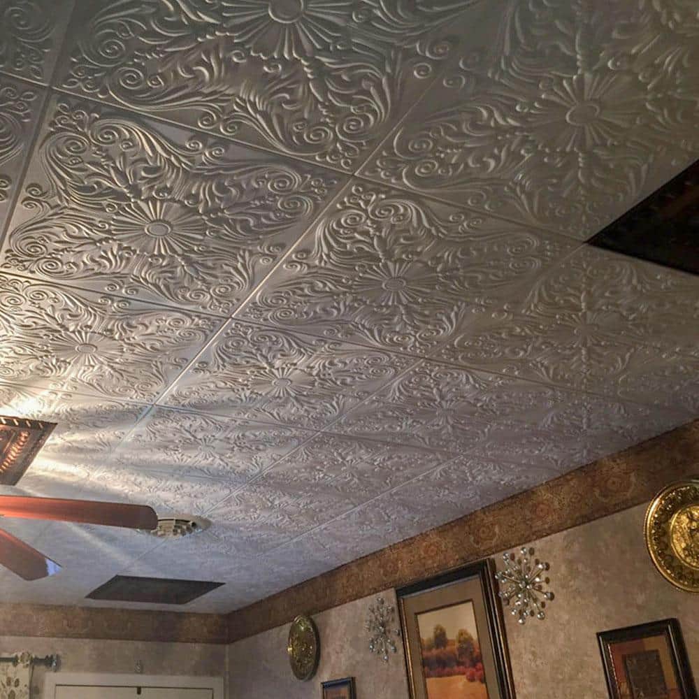 Victorian Silver Polystyrene Glue-up Ceiling Tile, 19.75" Square