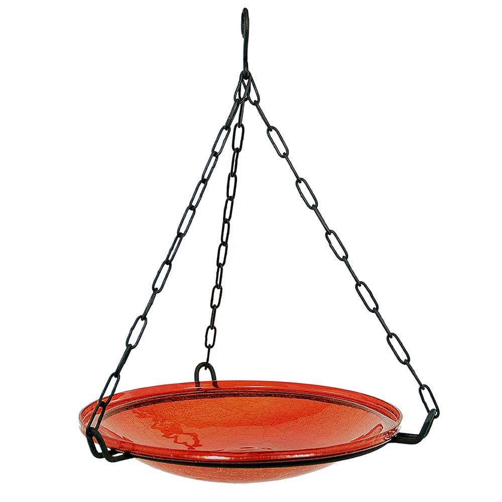 Red Crackle Hand-Blown Glass Hanging Birdbath Bowl