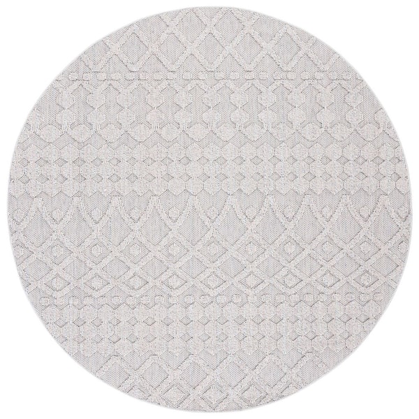Global Gray/Ivory 7 ft. x 7 ft. Solid Ornate Diamond Indoor/Outdoor Round Area Rug
