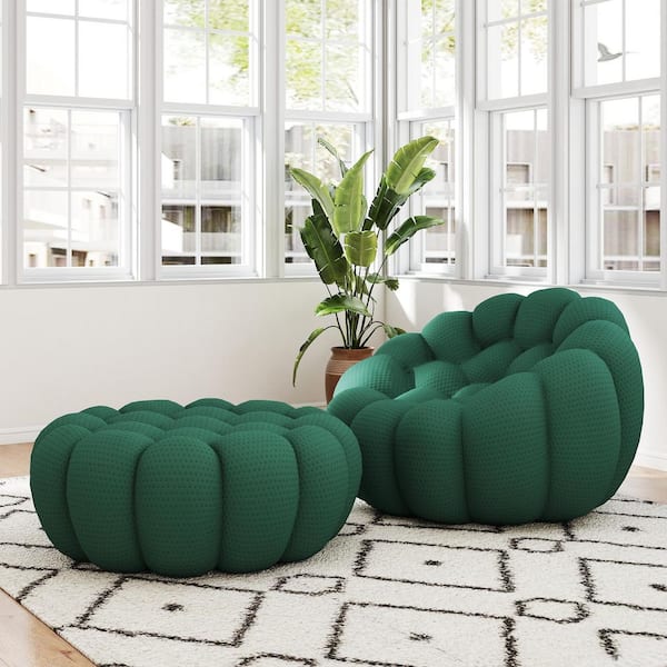 (Set of 2) Bubble Curved Sofa, 49 in. Mesh Fabric Sectional Sofa Floor Accent Chair with Ottoman for Apartment in Green