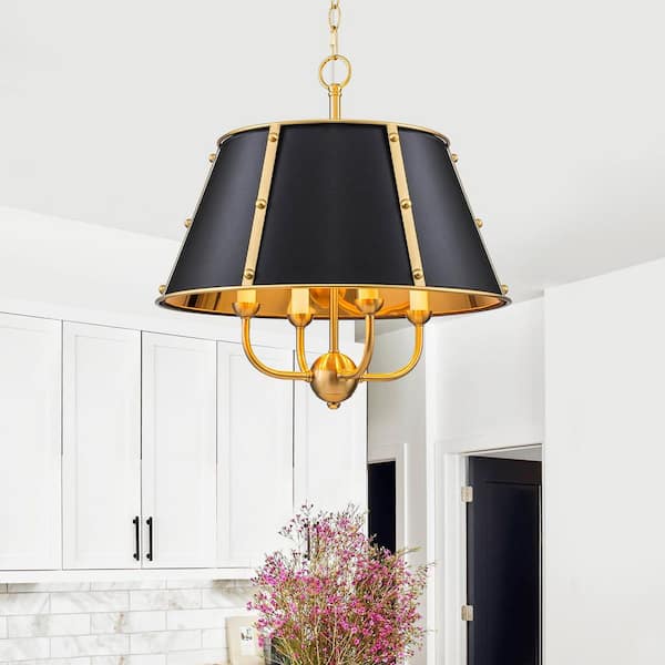 19.57 in. 4-Light Modern Industrial Gold Matel Chandelier with Drum Black Shade for Dining Room, Living Room