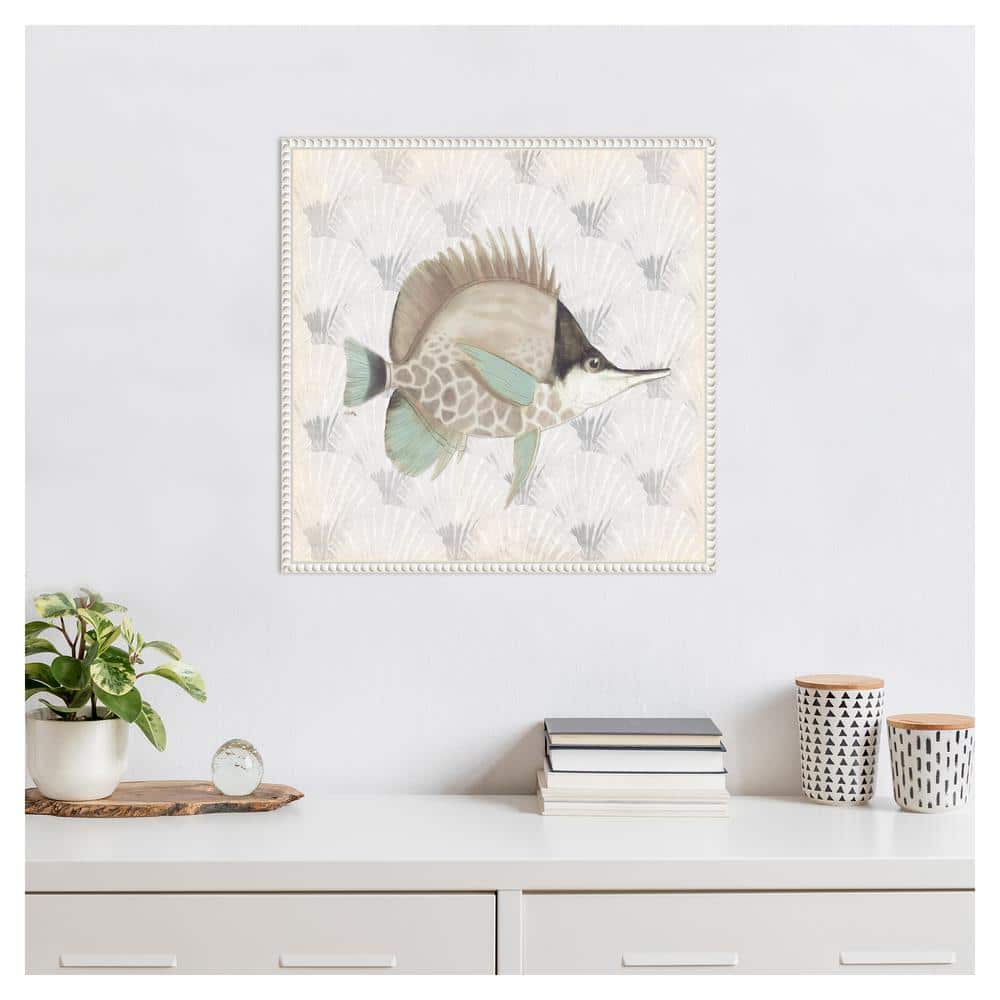 Neutral Vintage Fish Graphic Art on Canvas with White Frame