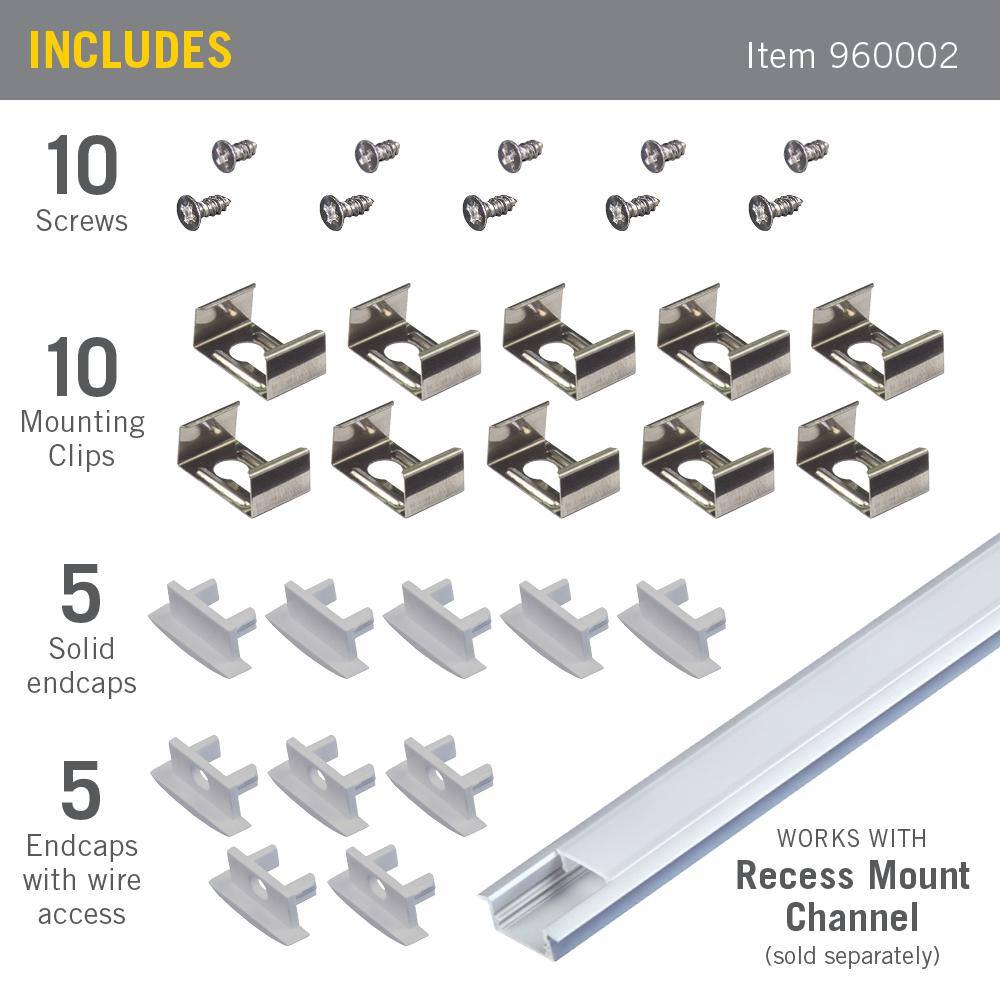 Grey Recess Mount LED Tape Light Channel Accessory Pack