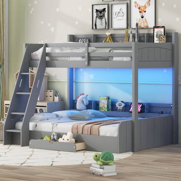 Grey Twin Over Full Bunk Bed with Storage Shelves, LED, Charging Station and a Drawer