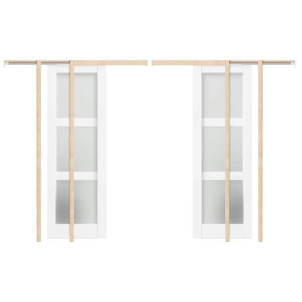 48 in. x 80 in. Double 24 in. W Doors 3 Lite Tempered Frosted Panel MDF White Primed Pocket Door Frame Hardware Included