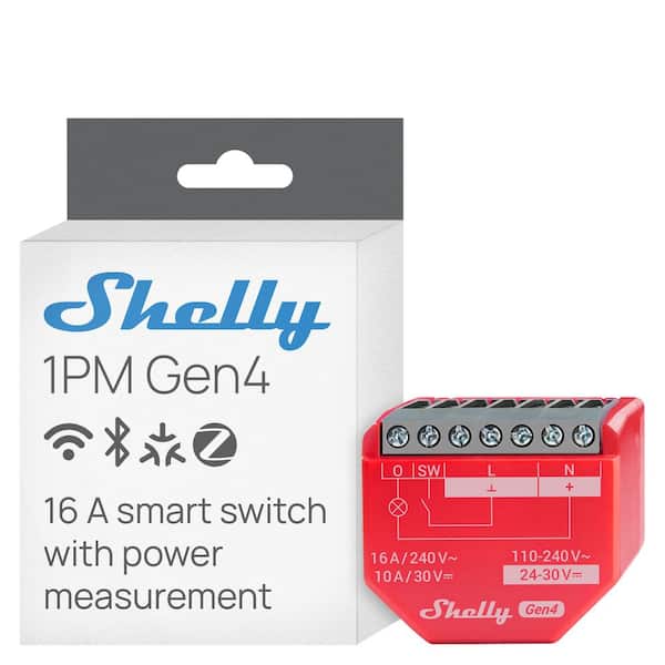 1PM Gen4, Smart Relay Switch, Power Metering, WiFi, Bluetooth and Zigbee, 1-Channel 16A, Alexa and Google Home, Red