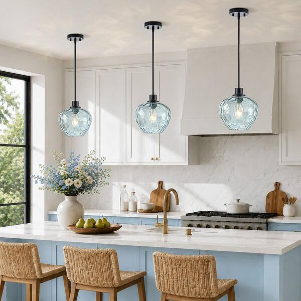 RayHome 1-Light Modern Black Adjustable Height Pendant Light with Blue Apple-shaped Hammered Glass for Kitchen Island