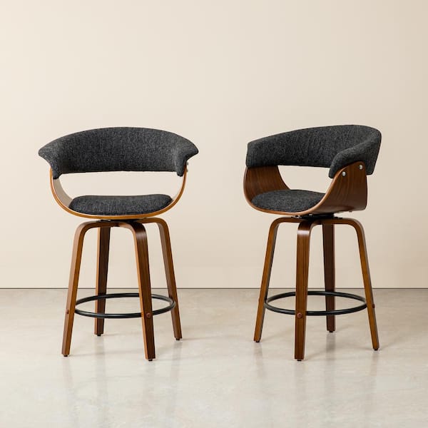 Seat Height 21.75 in. Modern Heathered Black Fabric Swivel Counter Stool with Walnut Bentwood Base (Set of 4)