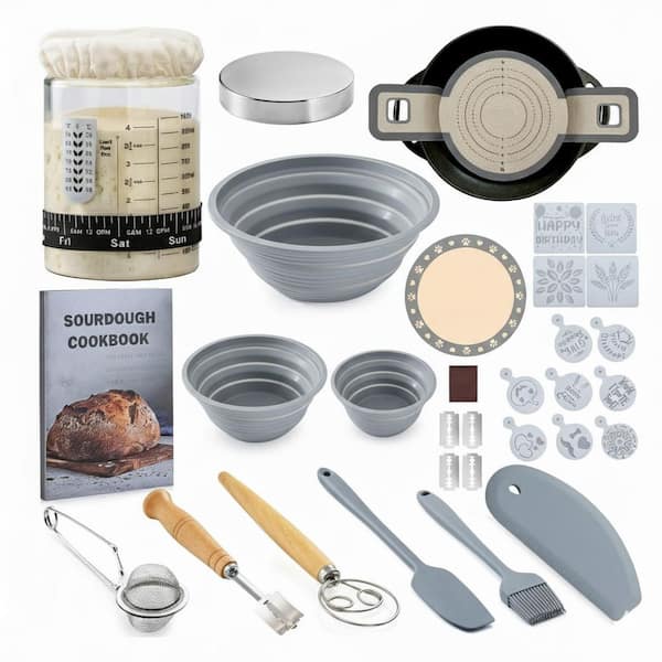 Sourdough Starter Kit w/ 9 in. Round 10 in. Oval Silicone Basket 40 oz. Jar Bread Sling Scoring Knife Cutter 12 Stencils