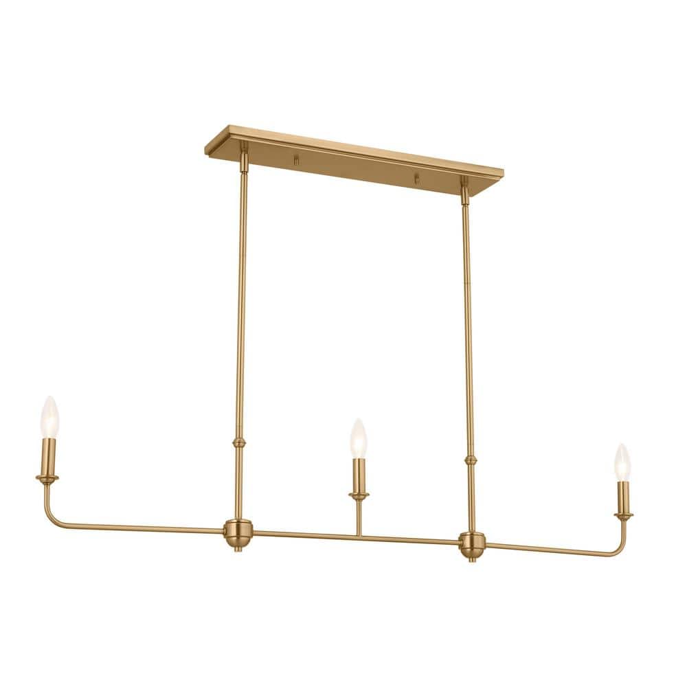 Brushed Natural Brass 3-Light Linear Chandelier with Fabric Shades
