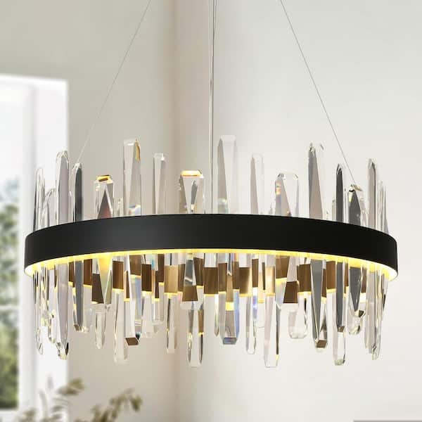 Modern 1-Light Dimmable Integrated LED Plated Brass and Matte Black Crystal Drum Chandelier for Dining Room Bedroom