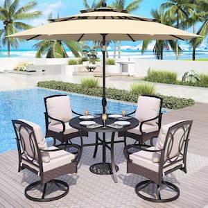 6-Piece Metal Patio Outdoor Dining Set with Beige Cushions with 4 Swivel Dining Chairs and Beige Umbrella