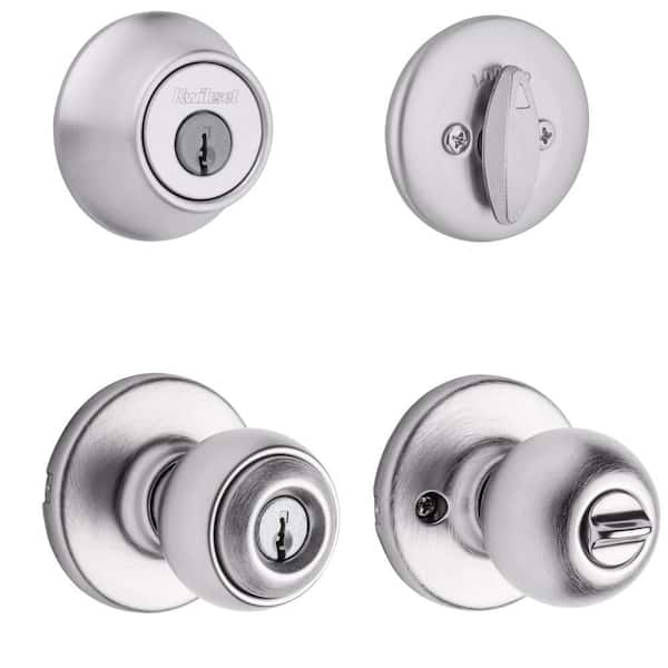 Tylo Satin Chrome Entry Door Knob and Single Cylinder Deadbolt Knob Combo Pack