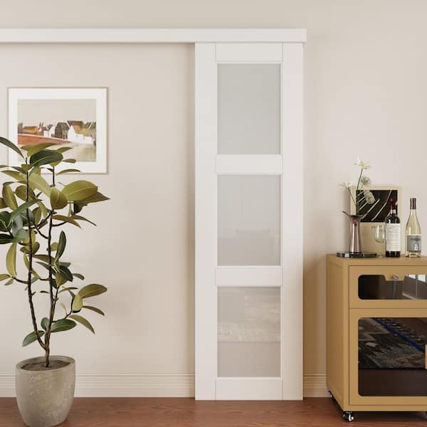 24 in. x 96 in. Hidden Track Style 3 Lite Tempered Frosted Glass White Primed MDF Sliding Barn Door with Hardware Kit
