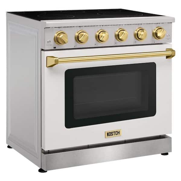 36 in. 5 Elements Freestanding Electric Range with 6.0 cu. ft. True Convection Oven in White with Bronze Handles
