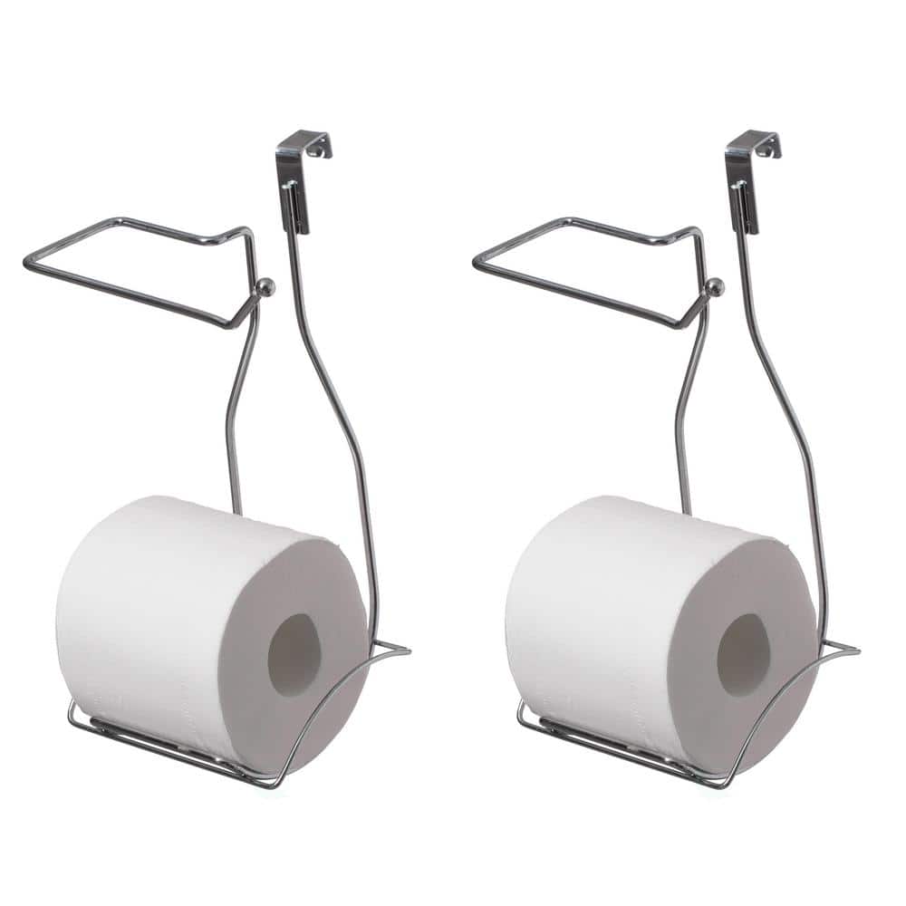 Basicwise Chrome Over the Tank 2 Slots Toilet Tissue Paper Holder Organizer for Bathroom Storage, Set of 2