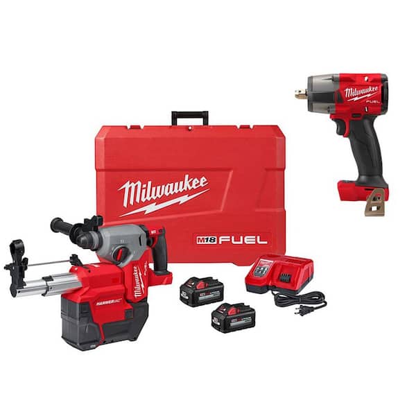 Milwaukee M18 FUEL 18V Lithium-Ion Brushless 1 in. Cordless SDS-Plus Rotary Hammer/Dust Extractor Kit and M18 FUEL Impact Wrench