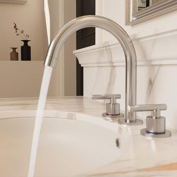 8 in. Widespread Double Handle High-Arc Bathroom Faucet Water-Saving with Drain Kit in Brushed Nickel