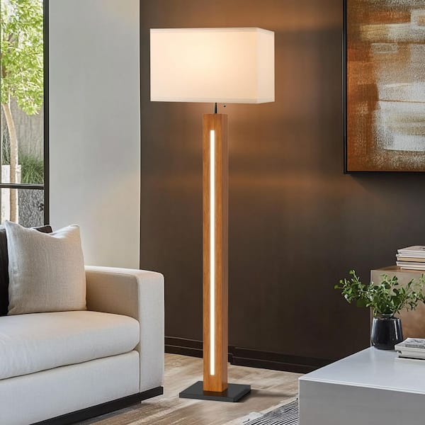 59 in. Farmhouse Wooden Floor Lamp built-in LED beads,3 Color Temp Bulb Standard Floor Lamp for Bedroom with Linen Shade
