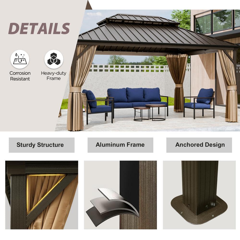 Brown 12' x 16' Aluminum and Steel Hardtop Gazebo with Curtains