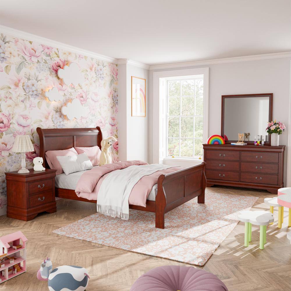 Cherry Wood 6-Drawer Dresser with Mirror and Antique Handles