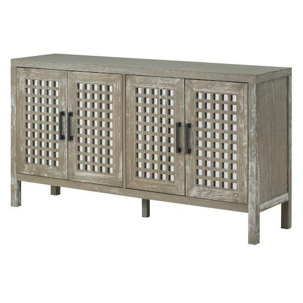 Unbranded 58 in. W x 15 in. D x 32 in. H Gray Linen Cabinet with Grain Pattern Mirrored Doors and Adjustable Shelves