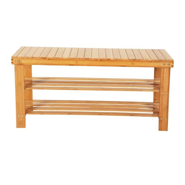 35" Large 3-Tier Natural Bamboo Shoe Rack Bench Organizer with Cushion on Top 