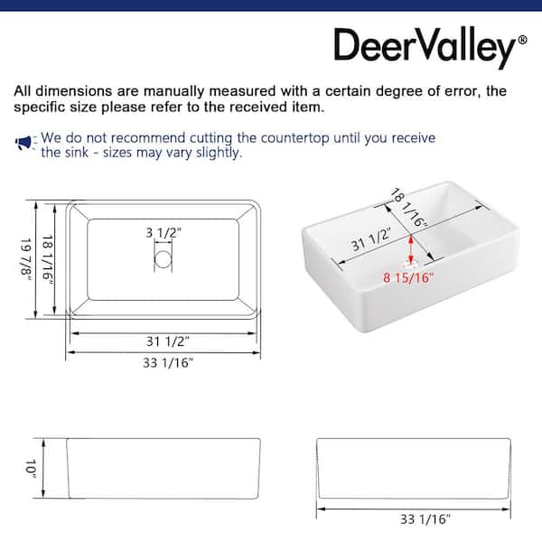 DeerValley DV-1K119 Feast 33 L x 20 W Ceramic Farmhouse Kitchen Sink