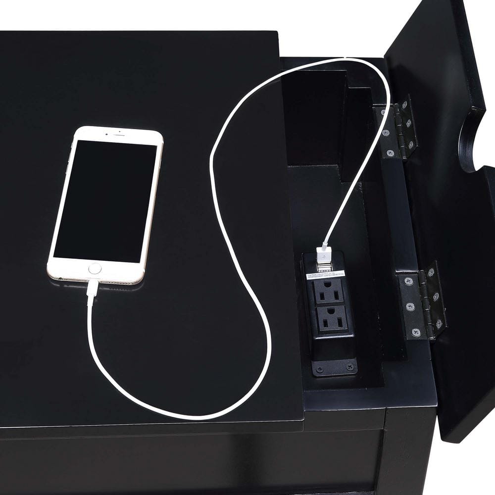 Black Wood End Table with Charging Station and Storage