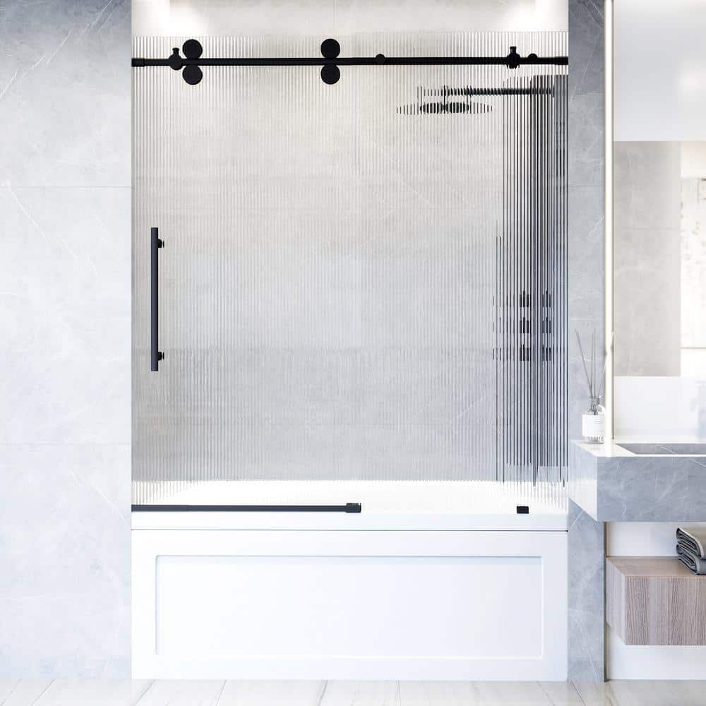Elan 60" Matte Black Frameless Sliding Tub Door with Fluted Glass