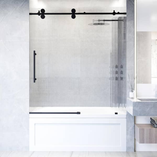 VIGO Elan 56 to 60 in. W x 66 in. H Sliding Frameless Tub Door in Matte Black with 3/8 in. (10mm) Fluted Glass