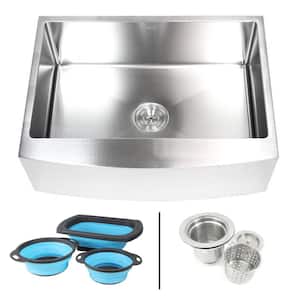 Farmhouse/Apron-Front 16G Stainless Steel 30 in. Curve Front Single Bowl Kitchen Sink w/ Collapsible Silicone Colanders