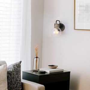 1-Light Industrial Black Wall Sconce, Modern Bedroom Brass Wall Light, DIY Globe Clear Glass Bathroom Vanity Light