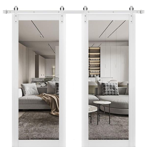 42 in. x 80 in. 2 Panel Clear Glass White Solid Wood Sliding Barn Door with Hardware Kit