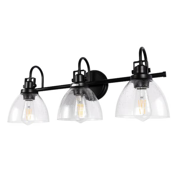 Briignite 24.41 in. 3-Light Matte Black Vanity Light with Seeded Glass Shades, E-26 Base (Bulbs Not Included)