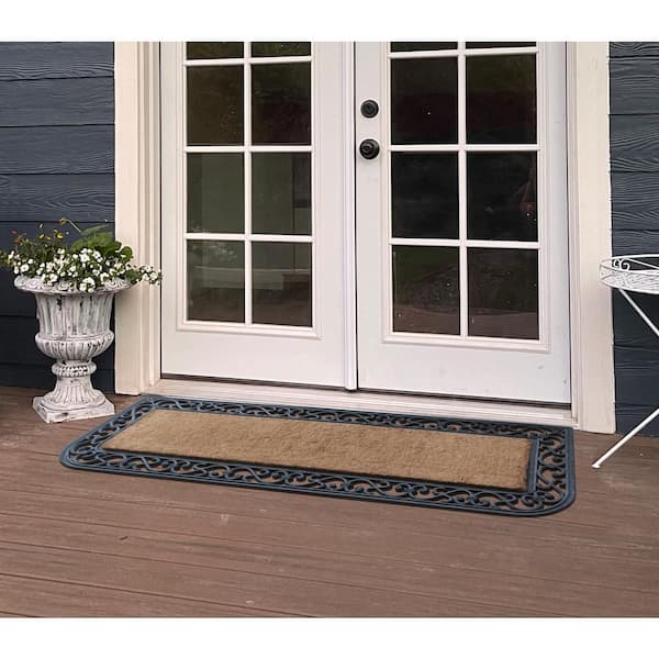 A1 Home Collections A1hc First Impression Striped Black/Beige 24 in. x 36 in. Rubber and Coir Black Finished Outdoor Door Mat